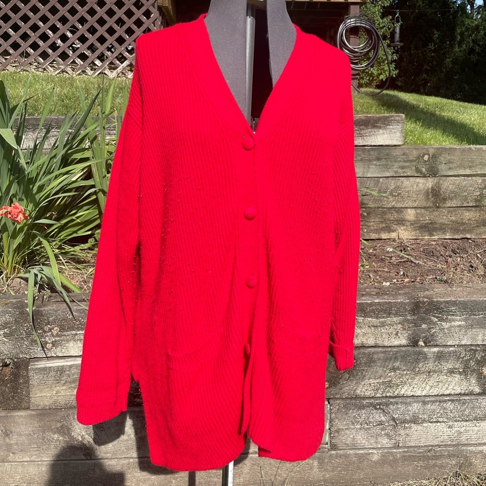 Yarnworks Size XL Longsleeve Bright Red Button Up Sweater